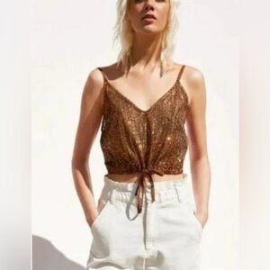 Zara Bronze Sequin Crop Cinch Waist Top Small